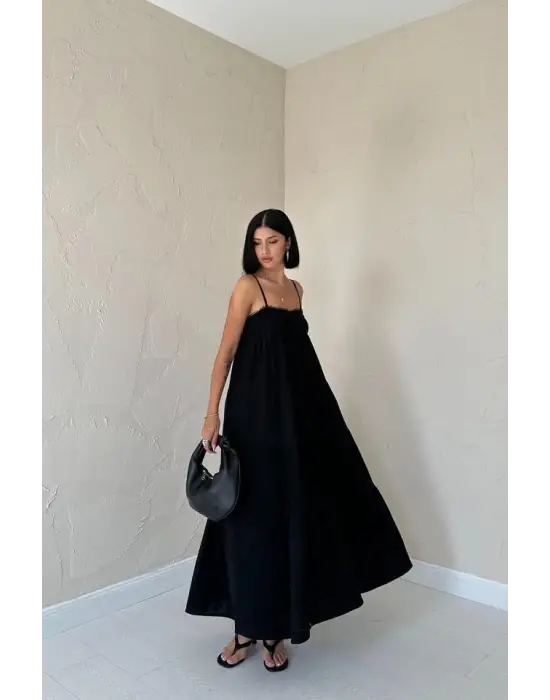 Siyah Askılı Parçalı Müslin Elbise