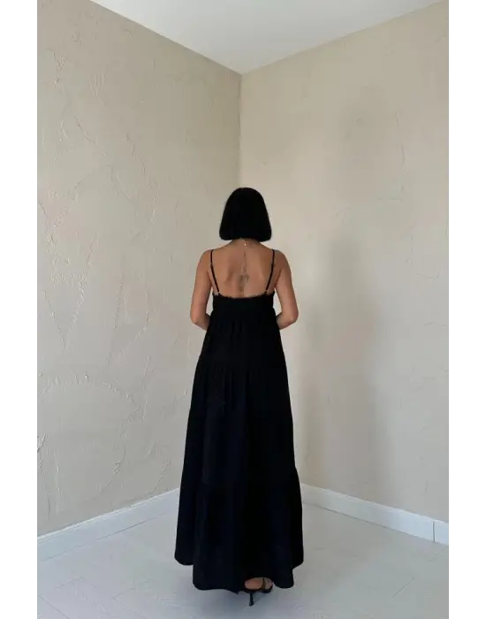 Siyah Askılı Parçalı Müslin Elbise