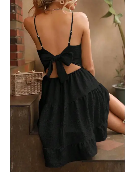 Siyah Askılı Sırt Dekolteli Yazlık Elbise E-5500