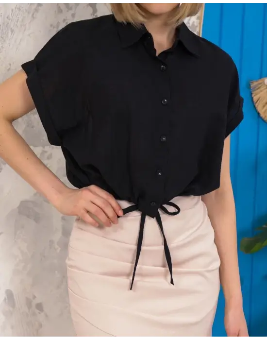 Omarı Siyah Bağlamalı Crop Gömlek