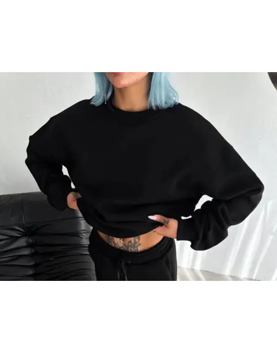 Omarı Siyah Basic Sweatshirt - Kışlık Bisiklet Yaka Modeli