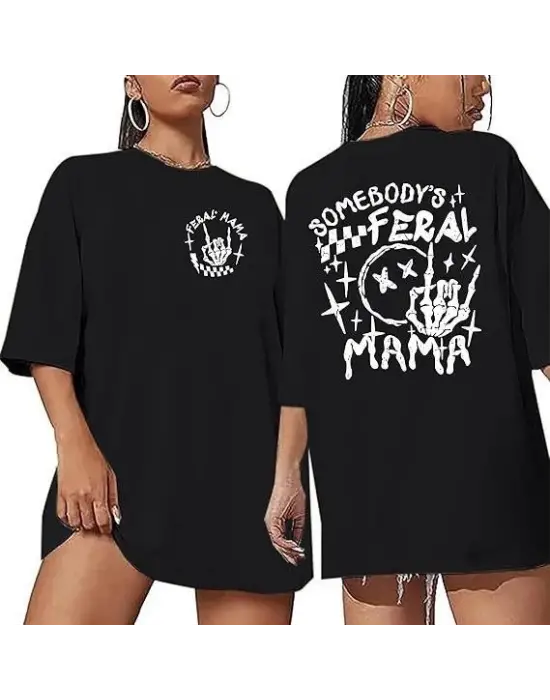 Omarı Stil Sahibi Siyah Bisiklet Yaka Baskılı T-shirt