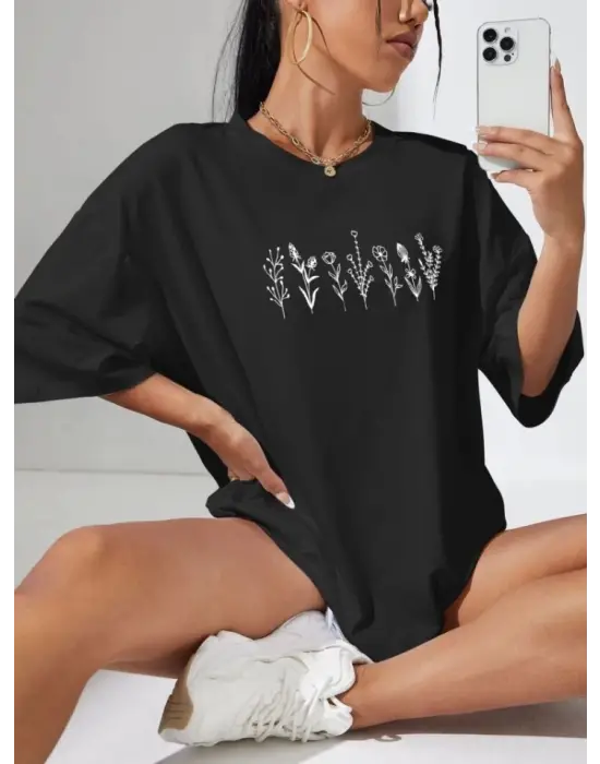 Omarı Siyah Baskılı Oversize Tişört