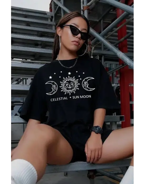 Omarı Siyah Oversize Baskılı T-Shirt