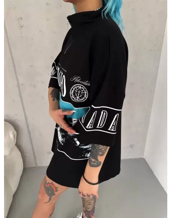 Omarı Yarım Fermuarlı Unisex Baskılı T-Shirt - Siyah