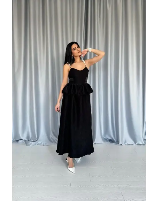 Omarı İnci Askılı Uzun Elbise - Siyah Beli Büzgülü Özel Tasarım