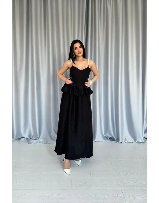 Omarı İnci Askılı Uzun Elbise - Siyah Beli Büzgülü Özel Tasarım