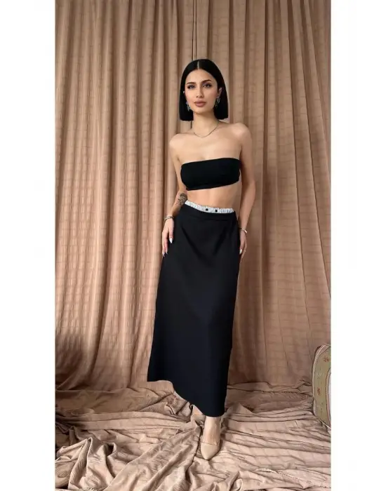 Omarı Şık Siyah Lastikli Etek
