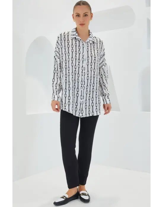 Siyah Beyaz Desenli Oversize Saten Gömlek 3985
