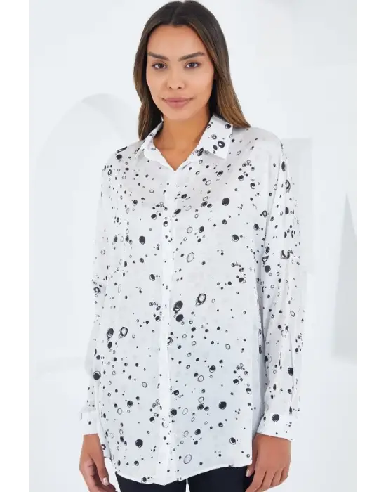 Siyah Beyaz Desenli Oversize Saten Gömlek 3985