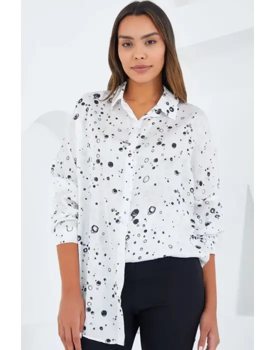 Siyah Beyaz Desenli Oversize Saten Gömlek 3985
