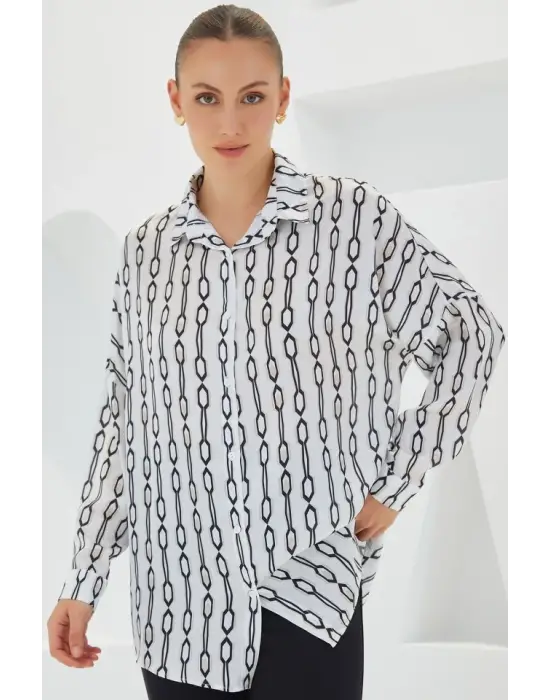 Siyah Beyaz Desenli Oversize Saten Gömlek 3985