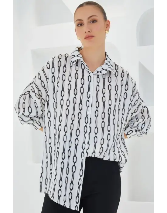 Siyah Beyaz Desenli Oversize Saten Gömlek 3985