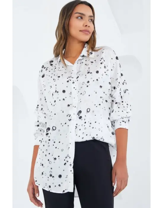 Siyah Beyaz Desenli Oversize Saten Gömlek 3985
