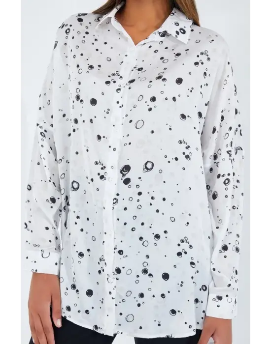 Siyah Beyaz Desenli Oversize Saten Gömlek 3985