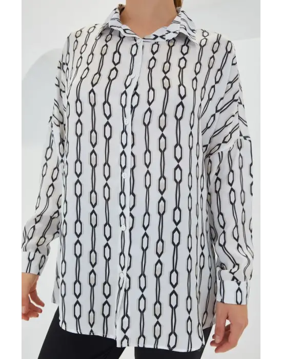 Siyah Beyaz Desenli Oversize Saten Gömlek 3985