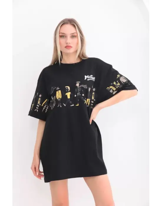 Omarı Siyah Baskılı Oversize Unisex Bisiklet Yaka T-Shirt