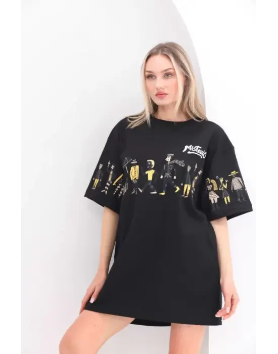 Omarı Siyah Baskılı Oversize Unisex Bisiklet Yaka T-Shirt