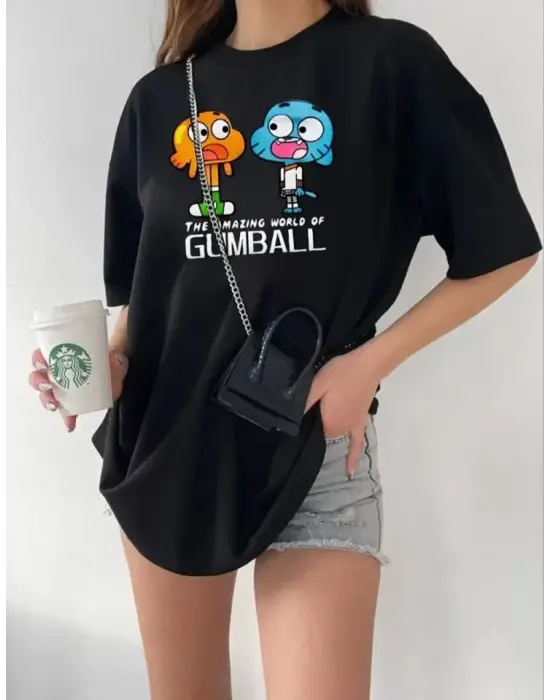 Omarı Oversize Siyah Baskılı Bisiklet Yaka T-Shirt