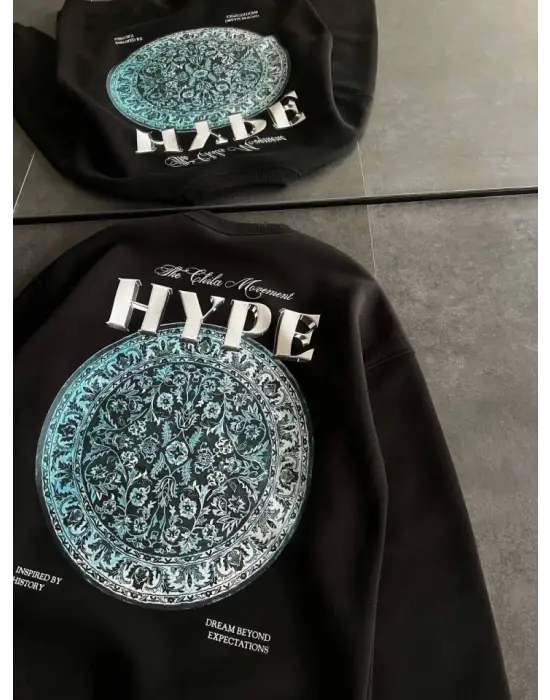 Omarı Siyah Bisiklet Yaka Baskılı Sweatshirt