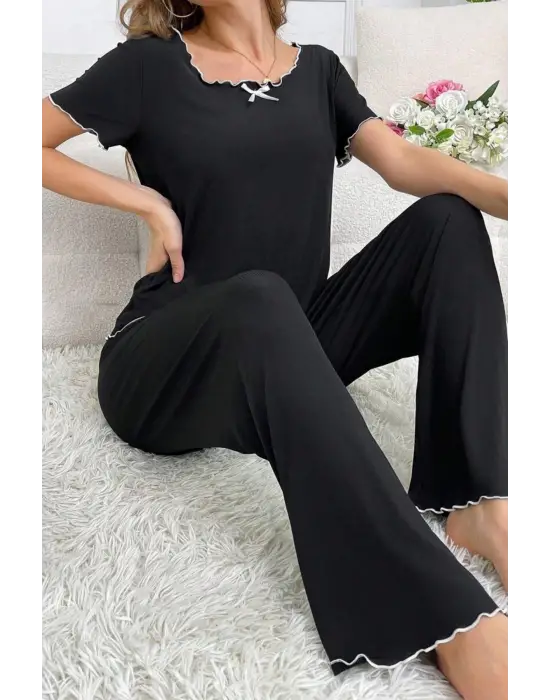 Omarı Yazlık Siyah Pamuklu Pijama Takımı