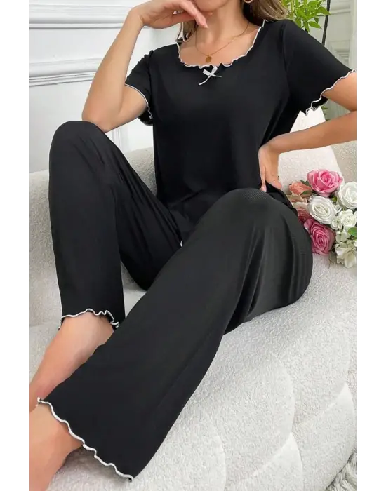 Omarı Yazlık Siyah Pamuklu Pijama Takımı