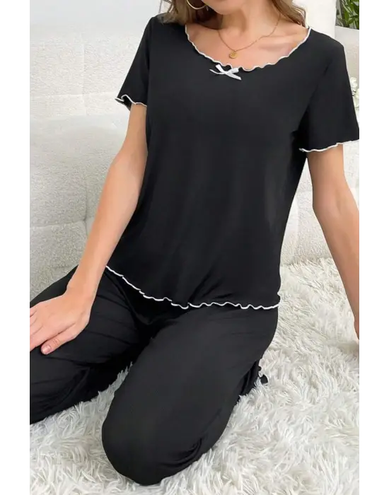 Omarı Yazlık Siyah Pamuklu Pijama Takımı