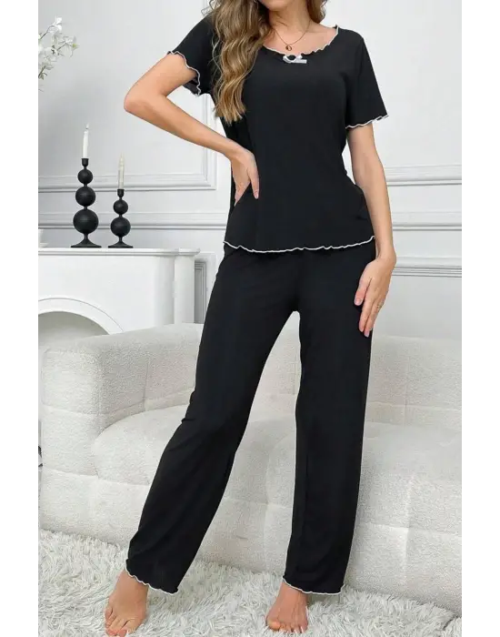 Siyah Bisiklet Yaka Pamuklu Yazlık Pijama Takımı 7343