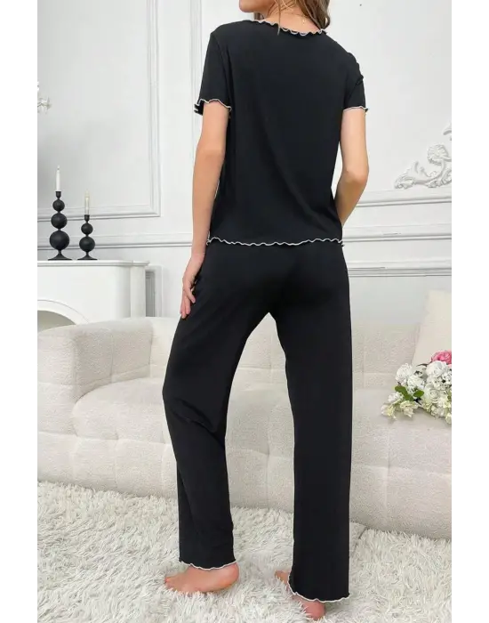 Siyah Bisiklet Yaka Pamuklu Yazlık Pijama Takımı 7343