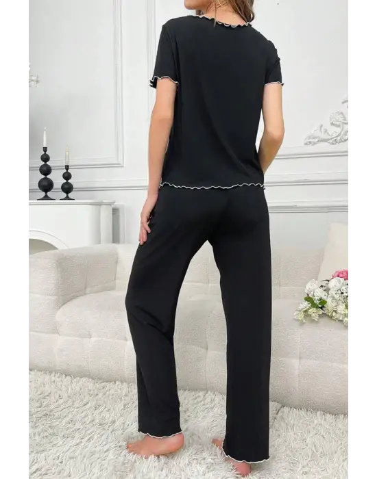 Omarı Yazlık Siyah Pamuklu Pijama Takımı