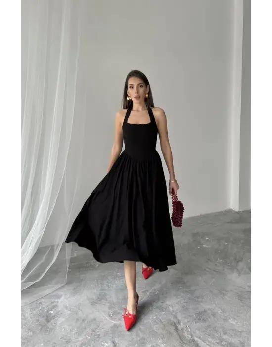 Siyah Boyundan Bağlamalı Keten Elbise