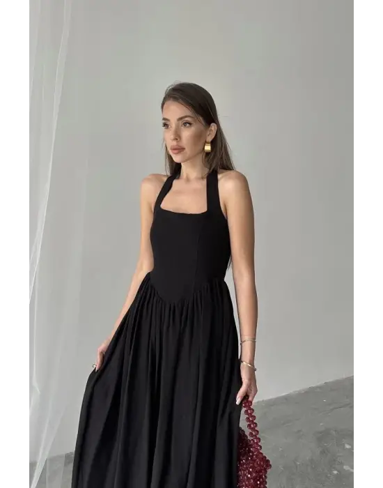 Siyah Boyundan Bağlamalı Keten Elbise