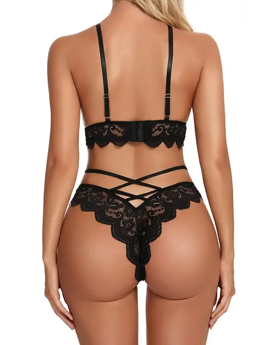 Omarı İnce Detaylı Siyah Çapraz İp Sütyen Külot Takımı