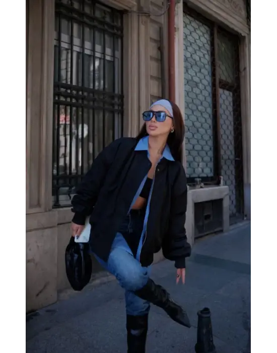 Omarı Şık ve Pratik Siyah Bomber Ceket Mont