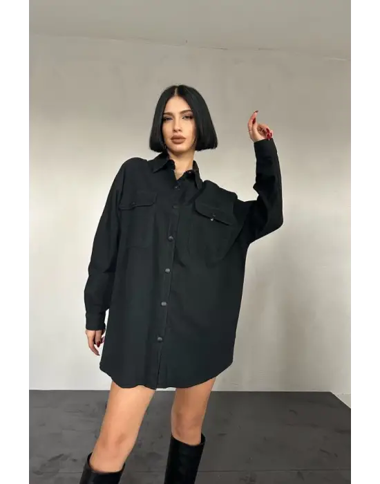 Omarı Siyah Çift Cep Kapaklı Gömlek