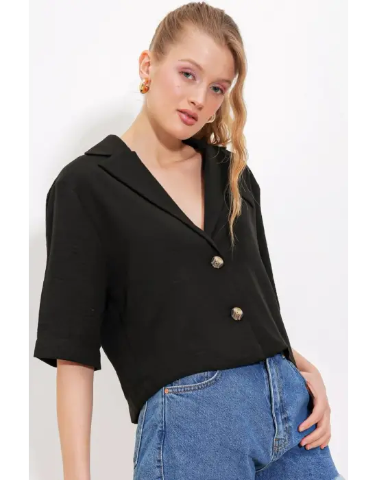 Siyah Çift Düğmeli Oversize Crop Keten Ceket 0706