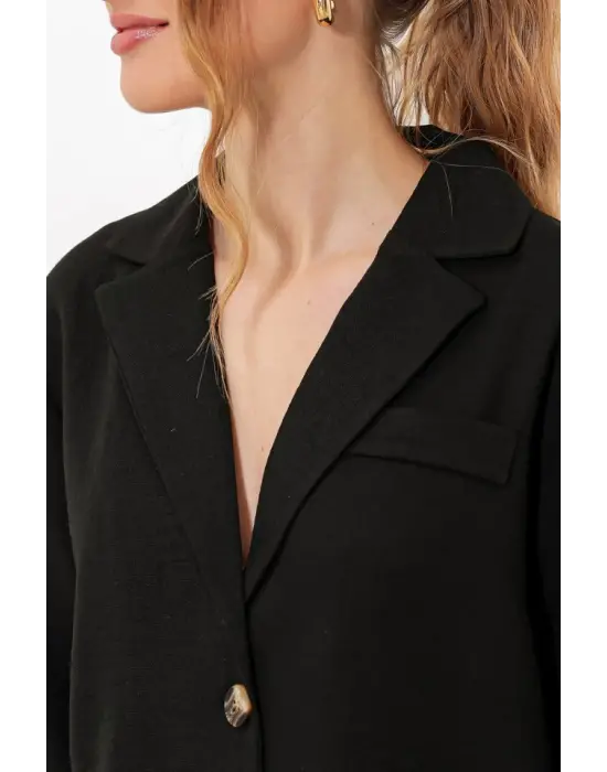 Siyah Çift Düğmeli Oversize Crop Keten Ceket 0706