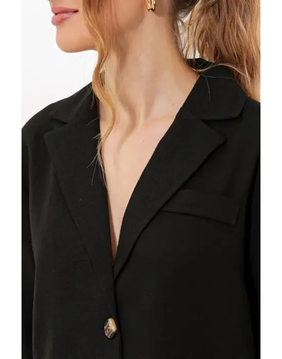 Siyah Çift Düğmeli Oversize Crop Keten Ceket 0706