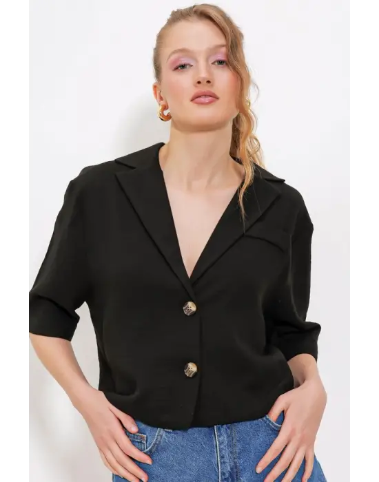 Siyah Çift Düğmeli Oversize Crop Keten Ceket 0706