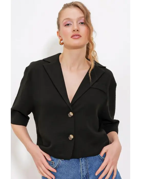 Siyah Çift Düğmeli Oversize Crop Keten Ceket 0706