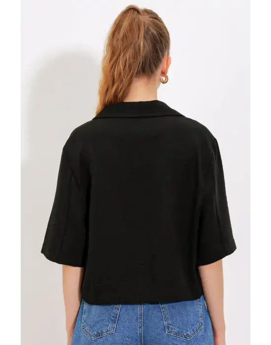 Siyah Çift Düğmeli Oversize Crop Keten Ceket 0706