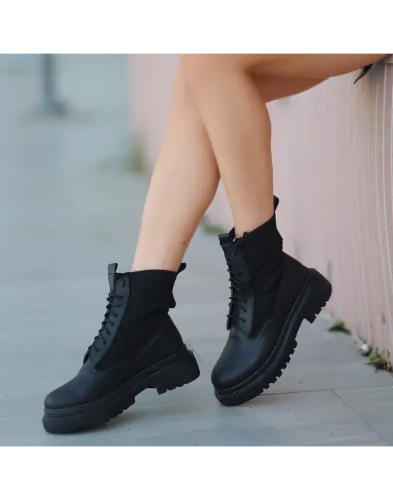 Omarı Siyah Cilt Bağcıklı Bot - Trend Ayakkabı Modası