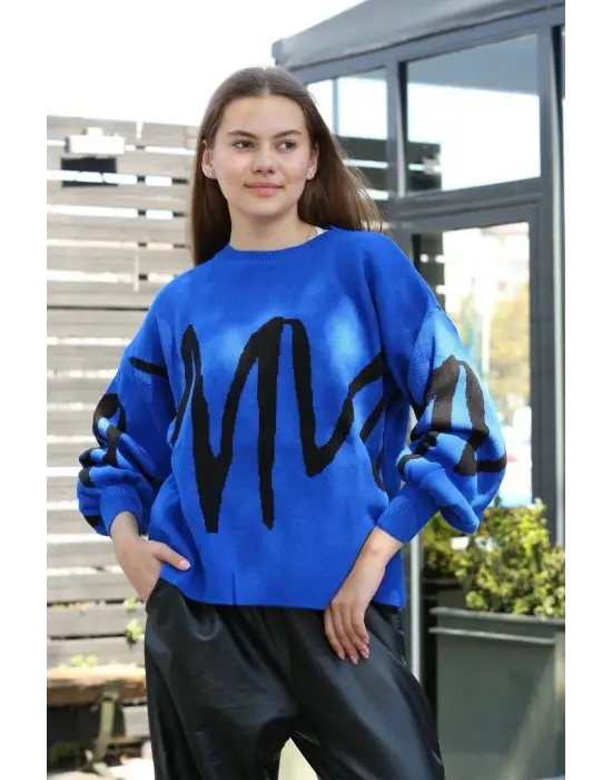 Siyah çizgili bisiklet yaka kazak Saks