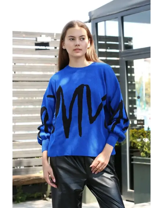 Siyah çizgili bisiklet yaka kazak Saks