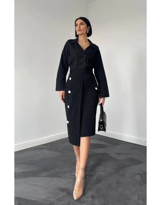 Omarı Siyah Çizgili Viskon Etek