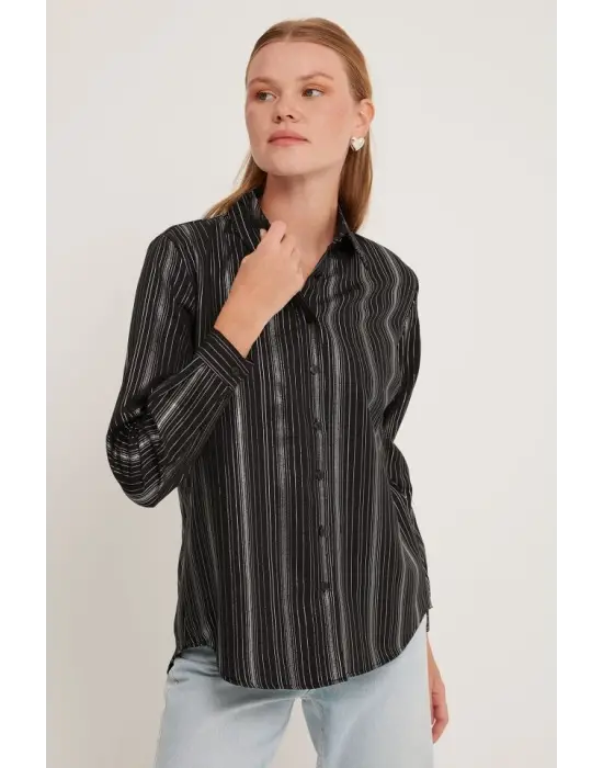 Siyah Çizgili Varak Desenli Gömlek 20253