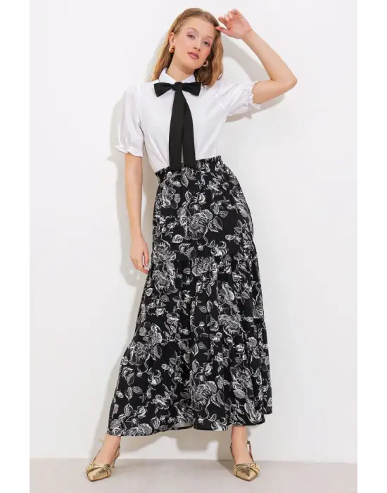 Siyah Desenli Uzun Viskon Etek 1898