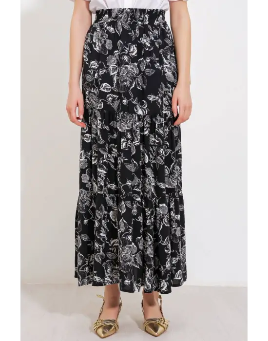 Siyah Desenli Uzun Viskon Etek 1898