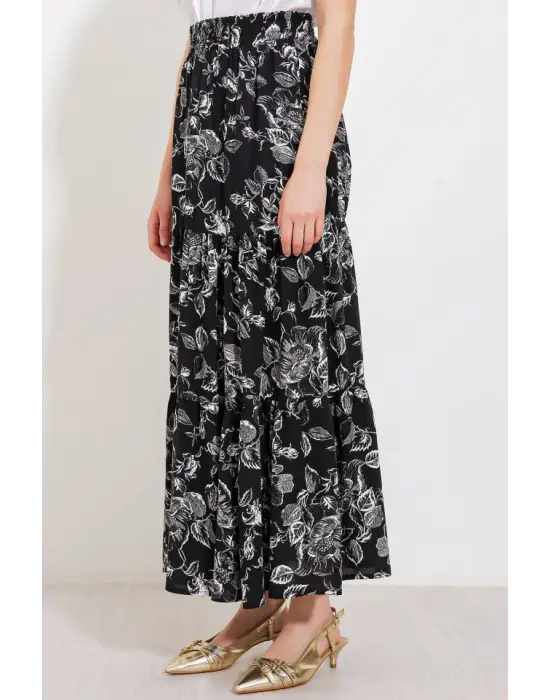 Siyah Desenli Uzun Viskon Etek 1898