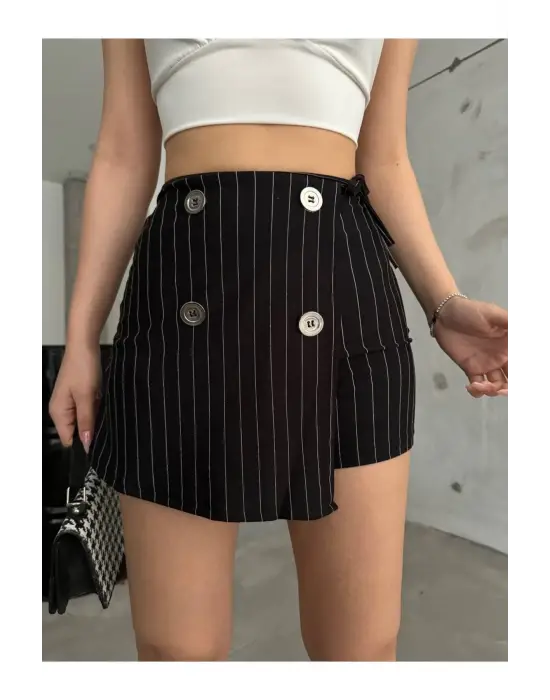 Omarı Elegan Siyah İtalyan Çizgili Şort Etek